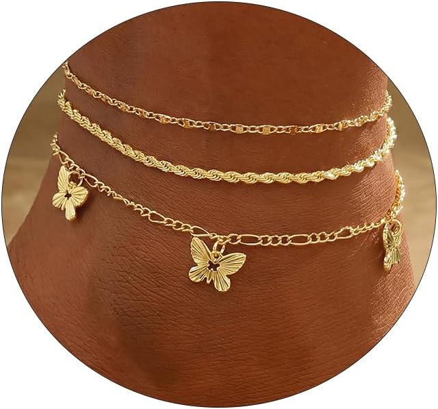 women.14k Gold Plated Waterproof Layered lightweight Dot Flat Oval Chain Ankle Bracelets Set Gold Anklets for women Trendy Summer Beach Jewelry Gift for Women