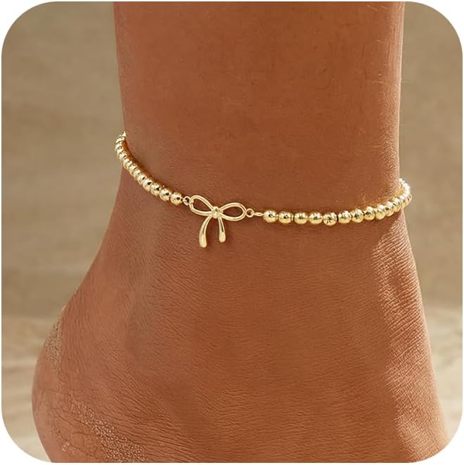 women.14k Gold Plated Waterproof Layered lightweight Dot Flat Oval Chain Ankle Bracelets Set Gold Anklets for women Trendy Summer Beach Jewelry Gift for Women