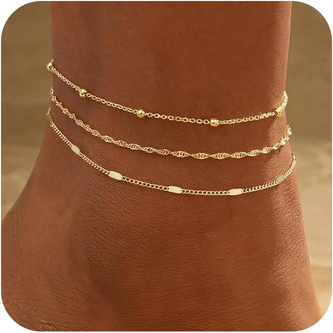 women.14k Gold Plated Waterproof Layered lightweight Dot Flat Oval Chain Ankle Bracelets Set Gold Anklets for women Trendy Summer Beach Jewelry Gift for Women