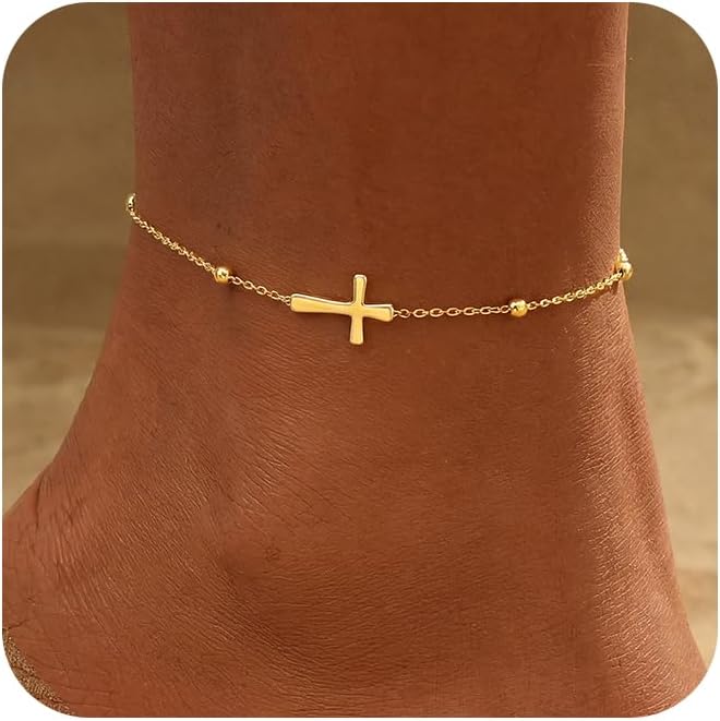 women.14k Gold Plated Waterproof Layered lightweight Dot Flat Oval Chain Ankle Bracelets Set Gold Anklets for women Trendy Summer Beach Jewelry Gift for Women