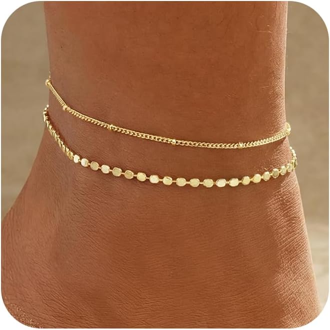 women.14k Gold Plated Waterproof Layered lightweight Dot Flat Oval Chain Ankle Bracelets Set Gold Anklets for women Trendy Summer Beach Jewelry Gift for Women