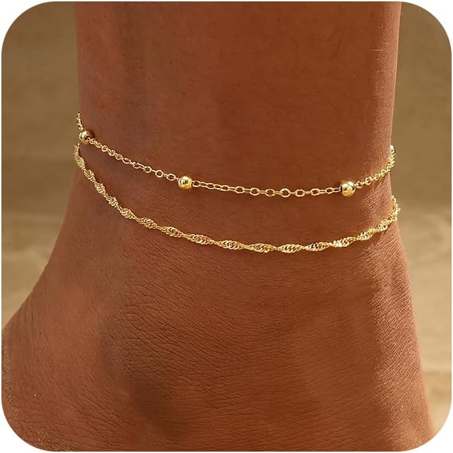 women.14k Gold Plated Waterproof Layered lightweight Dot Flat Oval Chain Ankle Bracelets Set Gold Anklets for women Trendy Summer Beach Jewelry Gift for Women