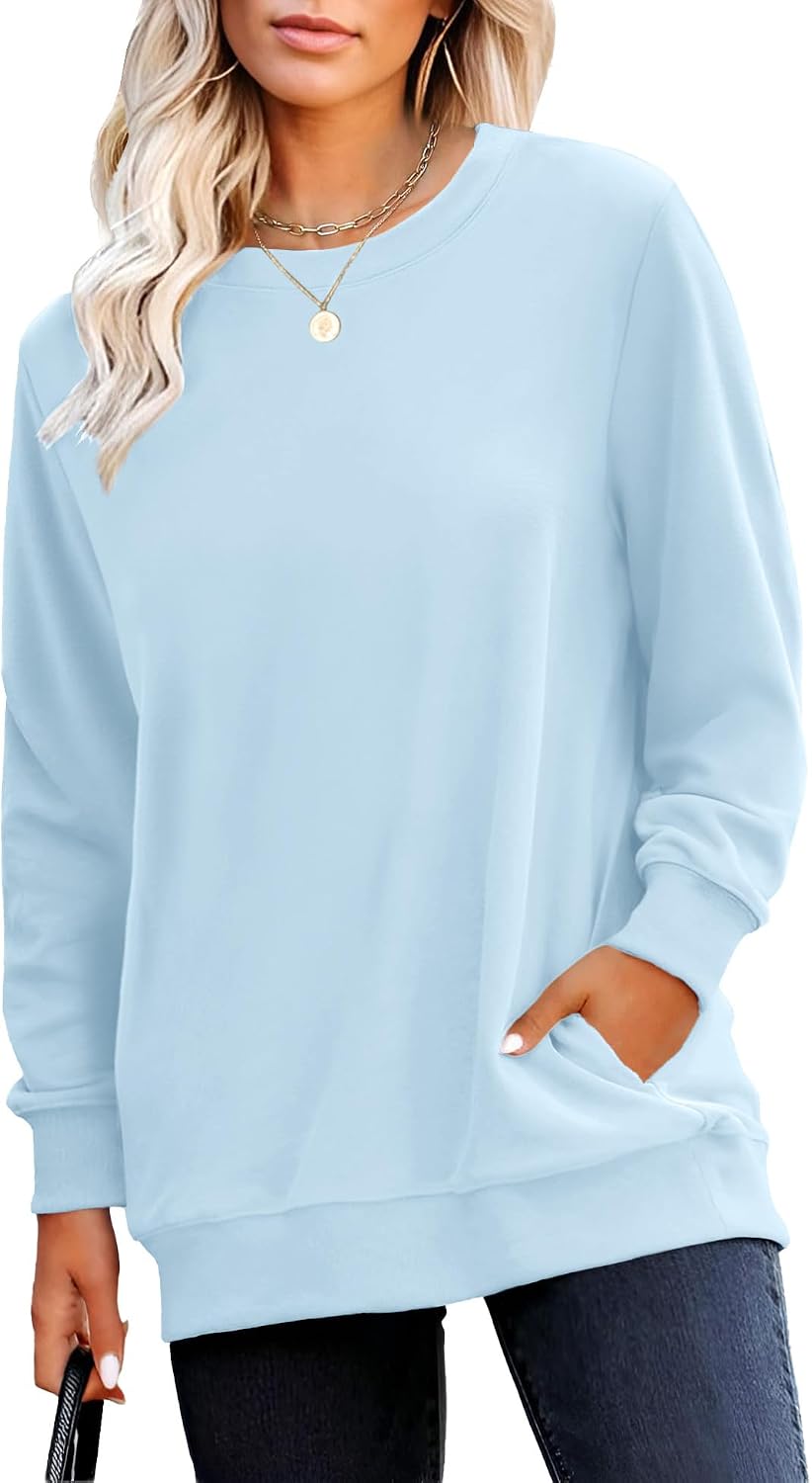 Crewneck Fall Sweatshirt for Women Plain Long Sleeve Top with Pocket | Ladies Crew Neck Casual Sweaters Outfits