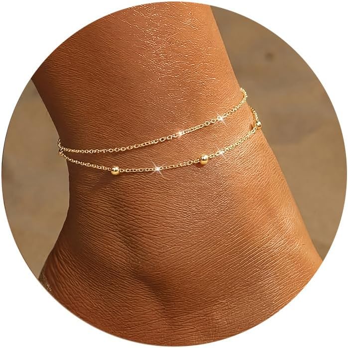 women.14k Gold Plated Waterproof Layered lightweight Dot Flat Oval Chain Ankle Bracelets Set Gold Anklets for women Trendy Summer Beach Jewelry Gift for Women