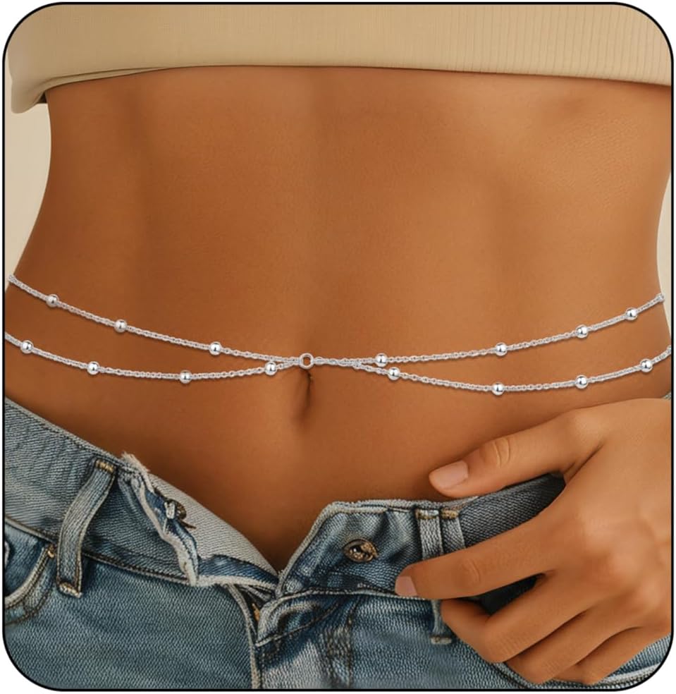 14K Gold Plated Waist Chain for Women.Silver Plated Belly Body Chain Belt for Womens.