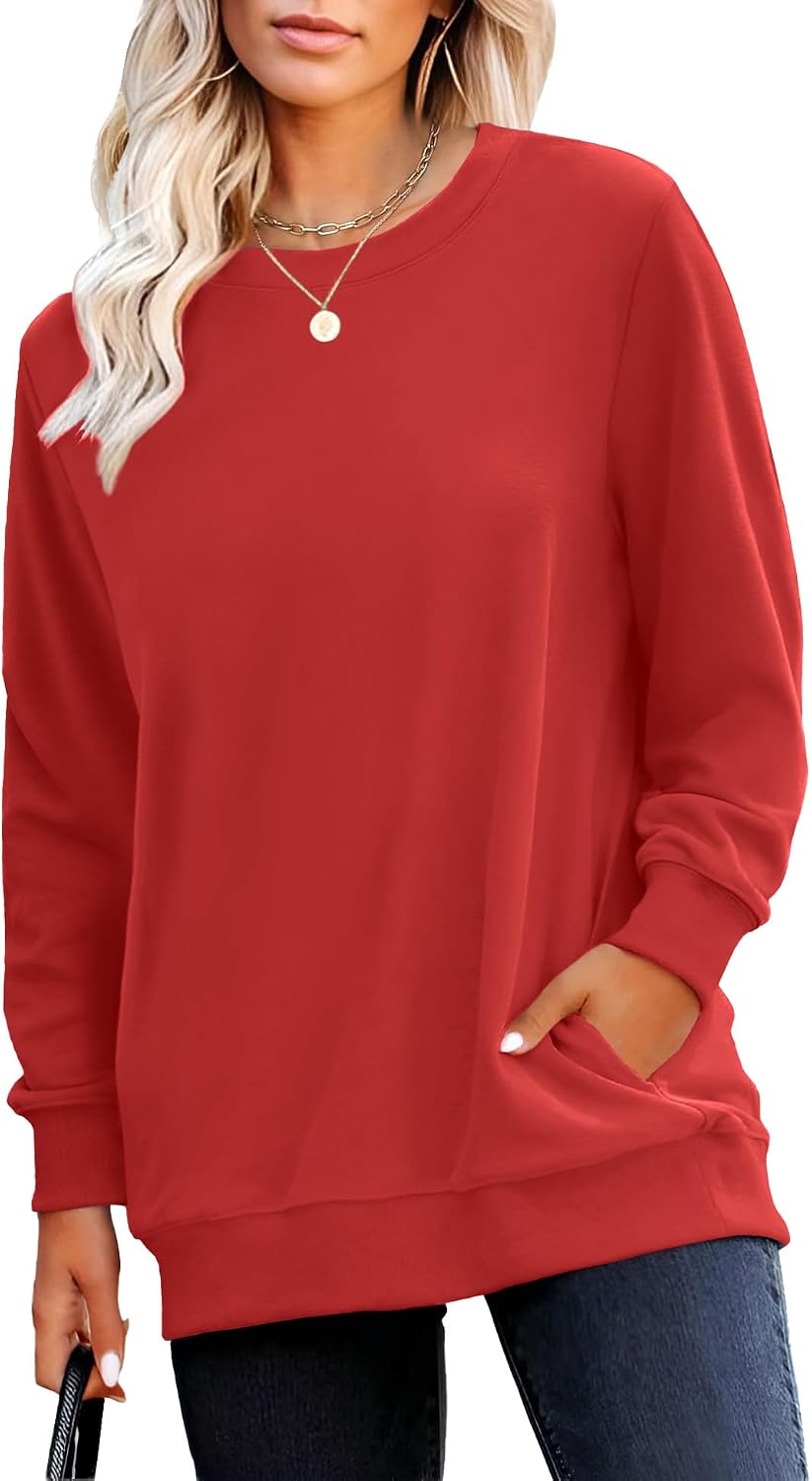 Crewneck Fall Sweatshirt for Women Plain Long Sleeve Top with Pocket | Ladies Crew Neck Casual Sweaters Outfits