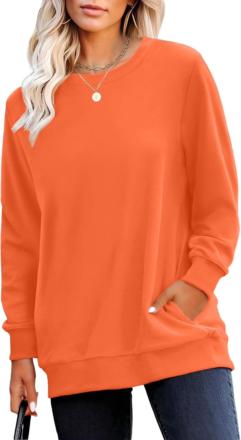 Crewneck Fall Sweatshirt for Women Plain Long Sleeve Top with Pocket | Ladies Crew Neck Casual Sweaters Outfits