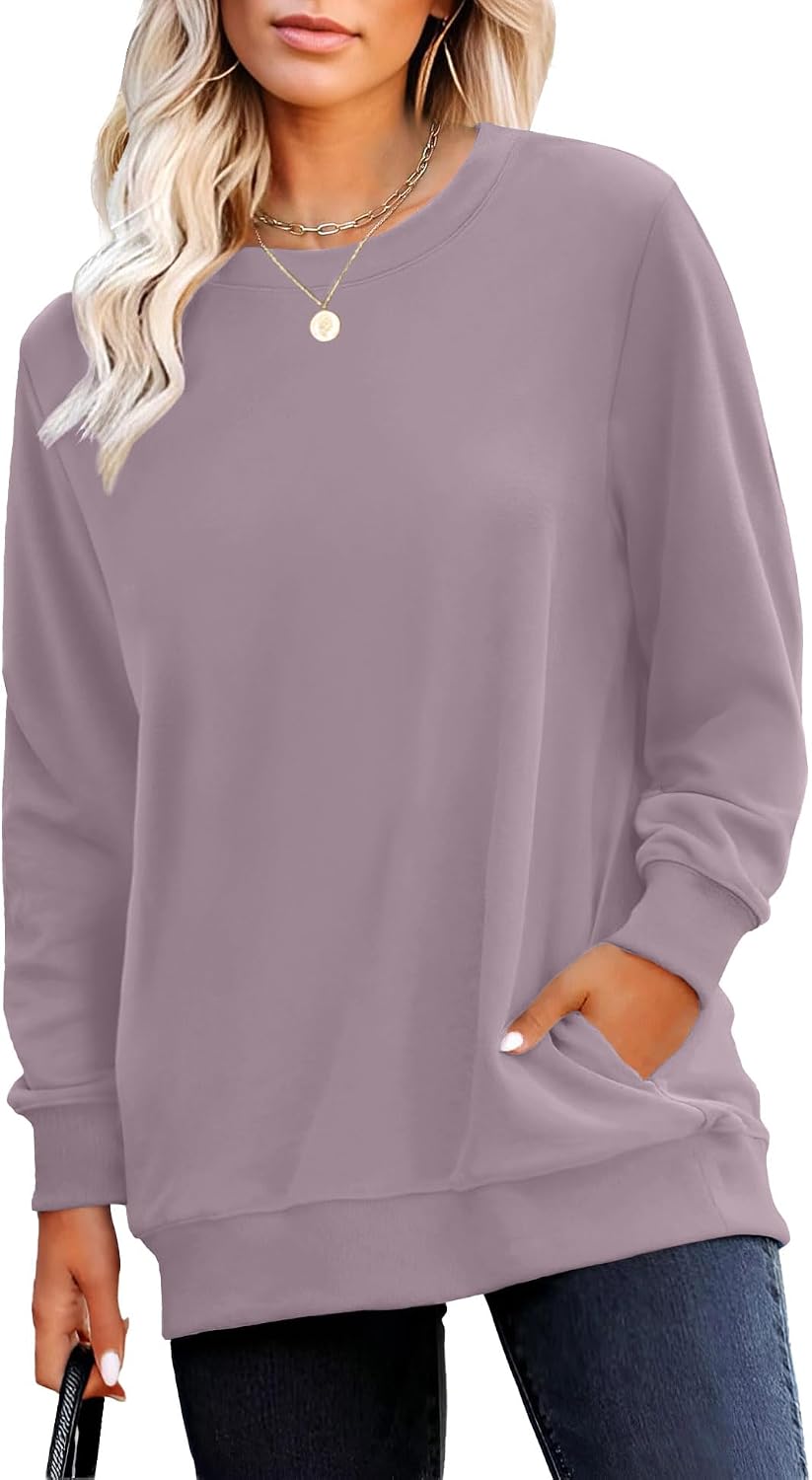 Crewneck Fall Sweatshirt for Women Plain Long Sleeve Top with Pocket | Ladies Crew Neck Casual Sweaters Outfits