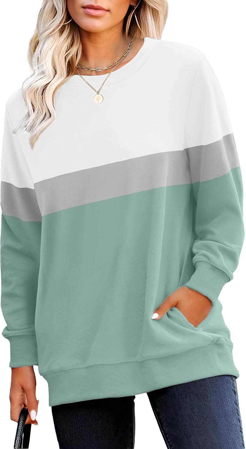 Crewneck Fall Sweatshirt for Women Plain Long Sleeve Top with Pocket | Ladies Crew Neck Casual Sweaters Outfits