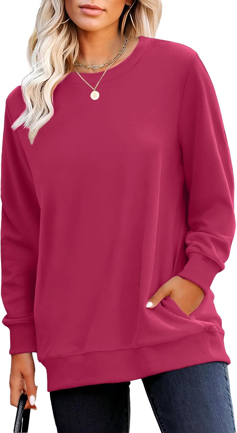 Crewneck Fall Sweatshirt for Women Plain Long Sleeve Top with Pocket | Ladies Crew Neck Casual Sweaters Outfits