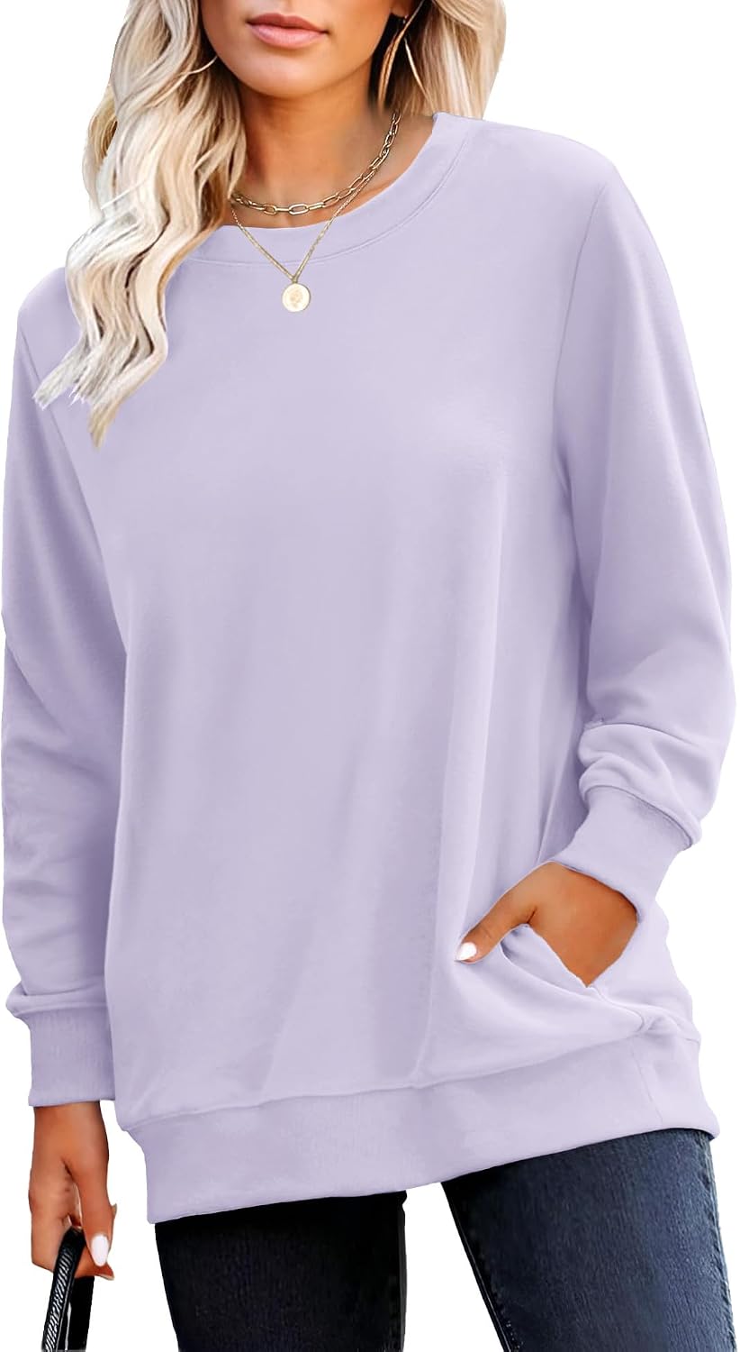 Crewneck Fall Sweatshirt for Women Plain Long Sleeve Top with Pocket | Ladies Crew Neck Casual Sweaters Outfits