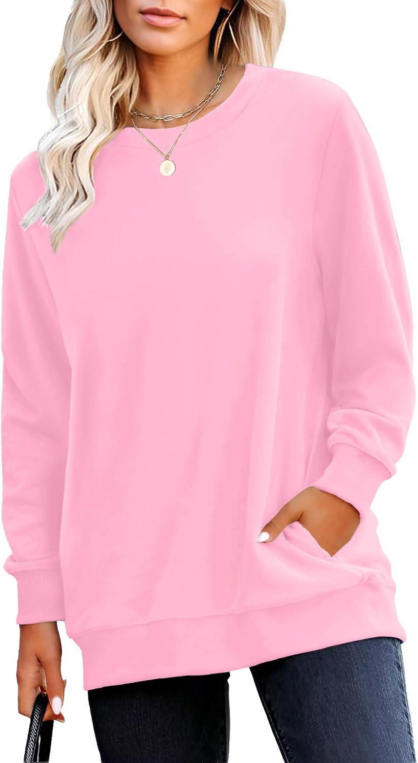 Crewneck Fall Sweatshirt for Women Plain Long Sleeve Top with Pocket | Ladies Crew Neck Casual Sweaters Outfits