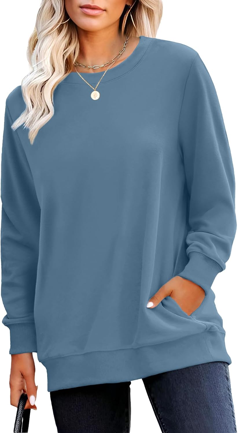 Crewneck Fall Sweatshirt for Women Plain Long Sleeve Top with Pocket | Ladies Crew Neck Casual Sweaters Outfits