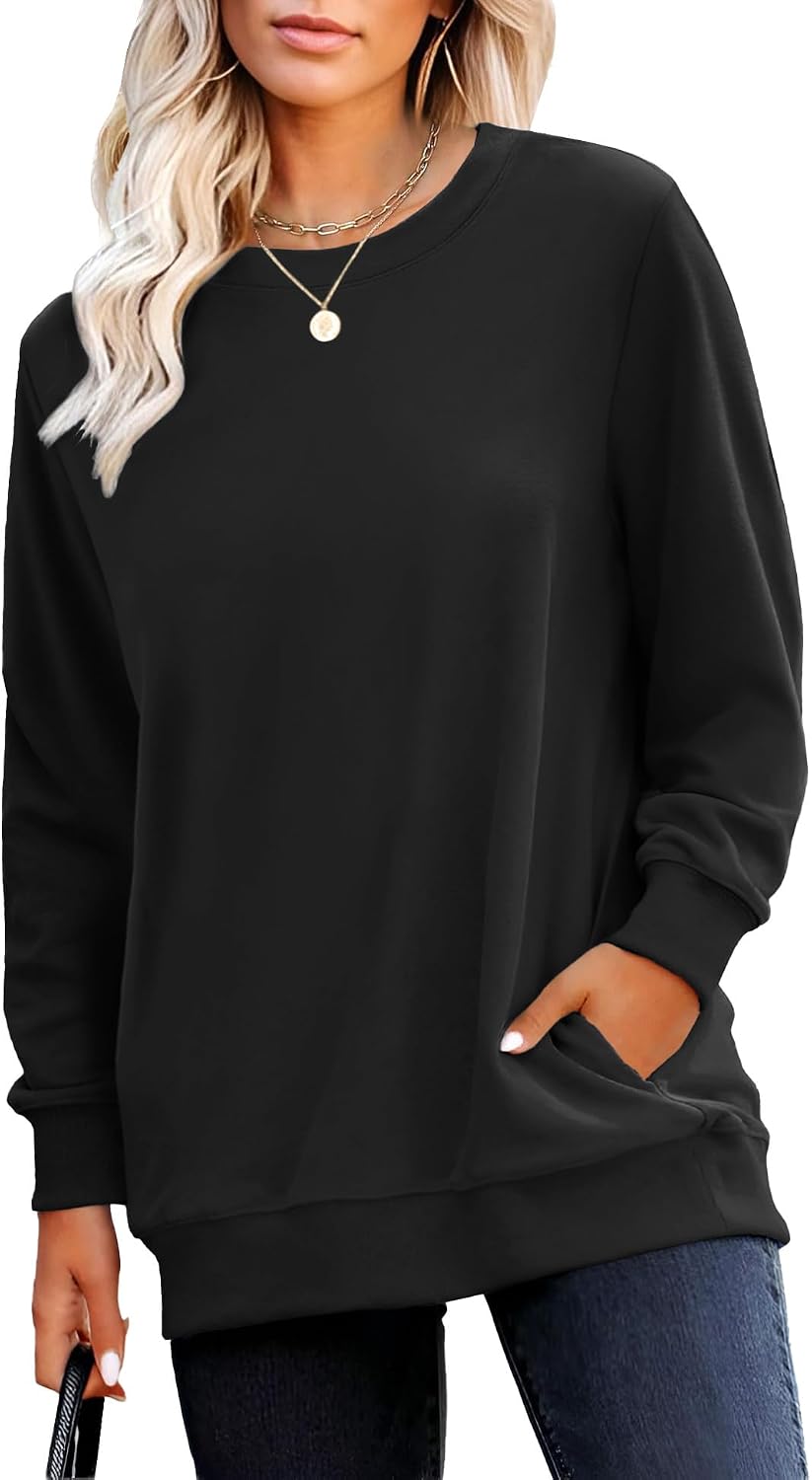 Crewneck Fall Sweatshirt for Women Plain Long Sleeve Top with Pocket | Ladies Crew Neck Casual Sweaters Outfits