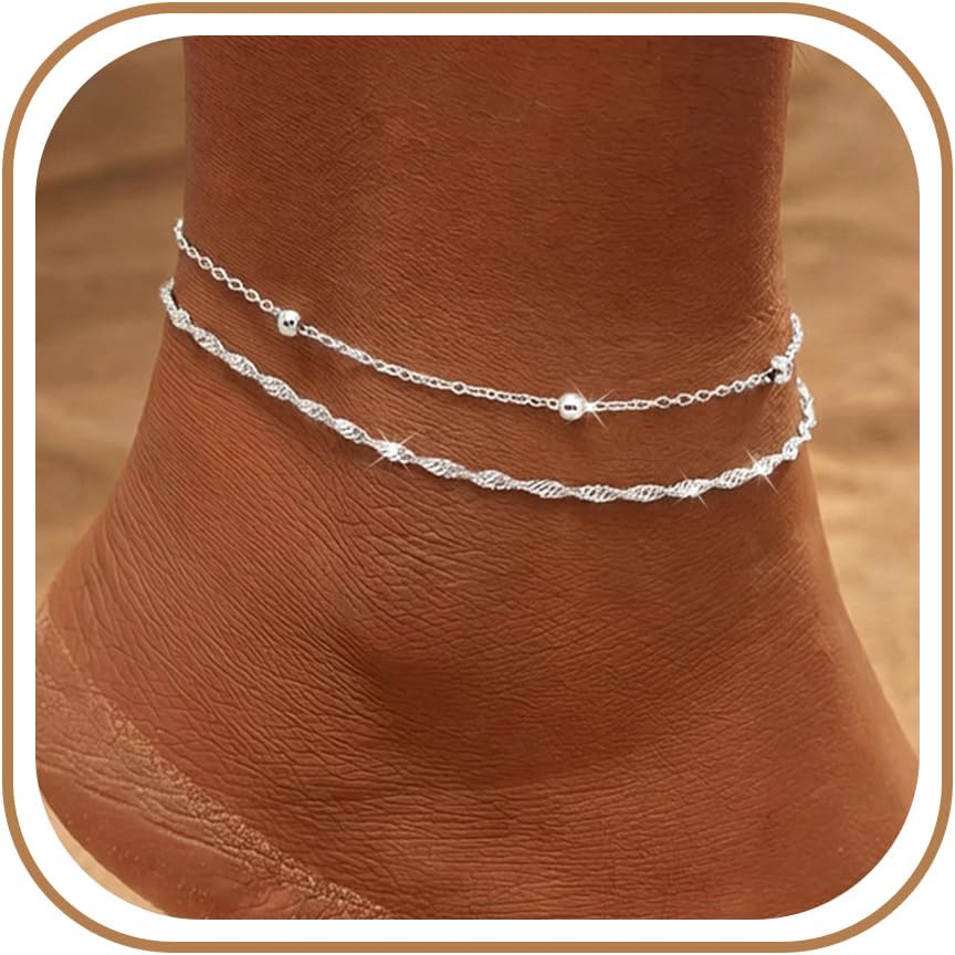 women.14k Gold Plated Waterproof Layered lightweight Dot Flat Oval Chain Ankle Bracelets Set Gold Anklets for women Trendy Summer Beach Jewelry Gift for Women