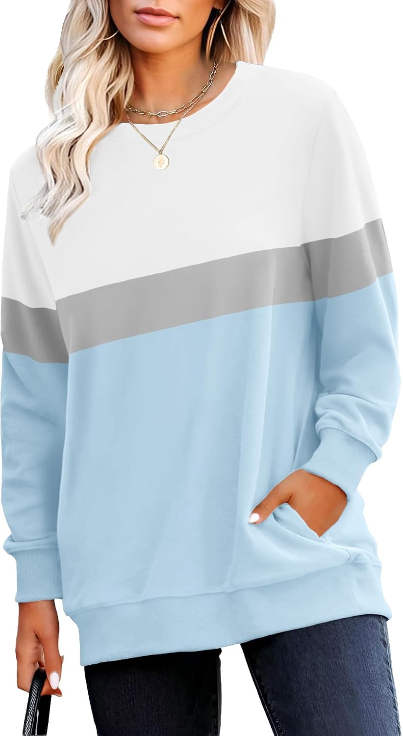 Crewneck Fall Sweatshirt for Women Plain Long Sleeve Top with Pocket | Ladies Crew Neck Casual Sweaters Outfits