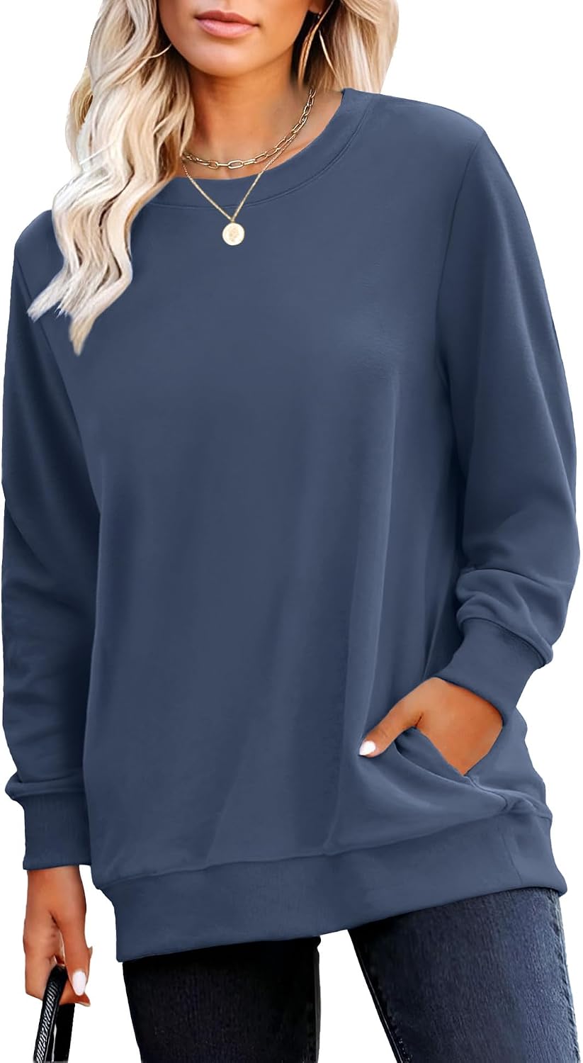 Crewneck Fall Sweatshirt for Women Plain Long Sleeve Top with Pocket | Ladies Crew Neck Casual Sweaters Outfits