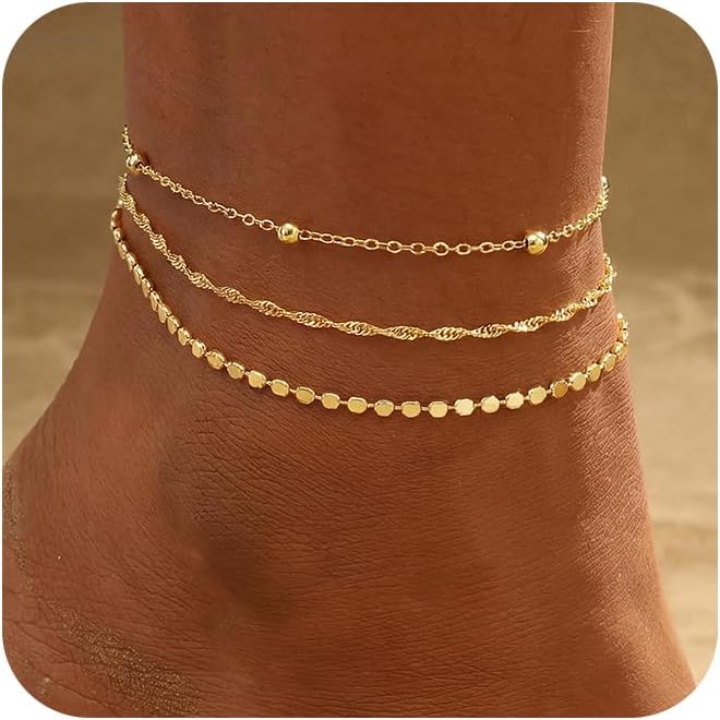 women.14k Gold Plated Waterproof Layered lightweight Dot Flat Oval Chain Ankle Bracelets Set Gold Anklets for women Trendy Summer Beach Jewelry Gift for Women