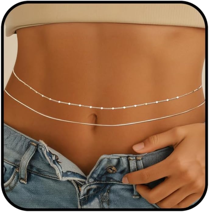 14K Gold Plated Waist Chain for Women.Silver Plated Belly Body Chain Belt for Womens.