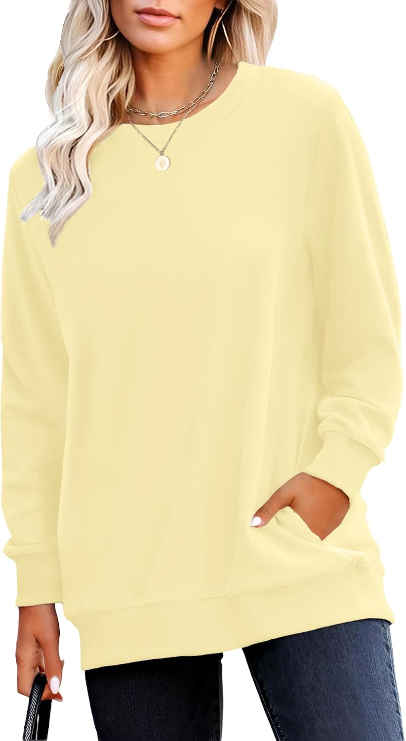 Crewneck Fall Sweatshirt for Women Plain Long Sleeve Top with Pocket | Ladies Crew Neck Casual Sweaters Outfits