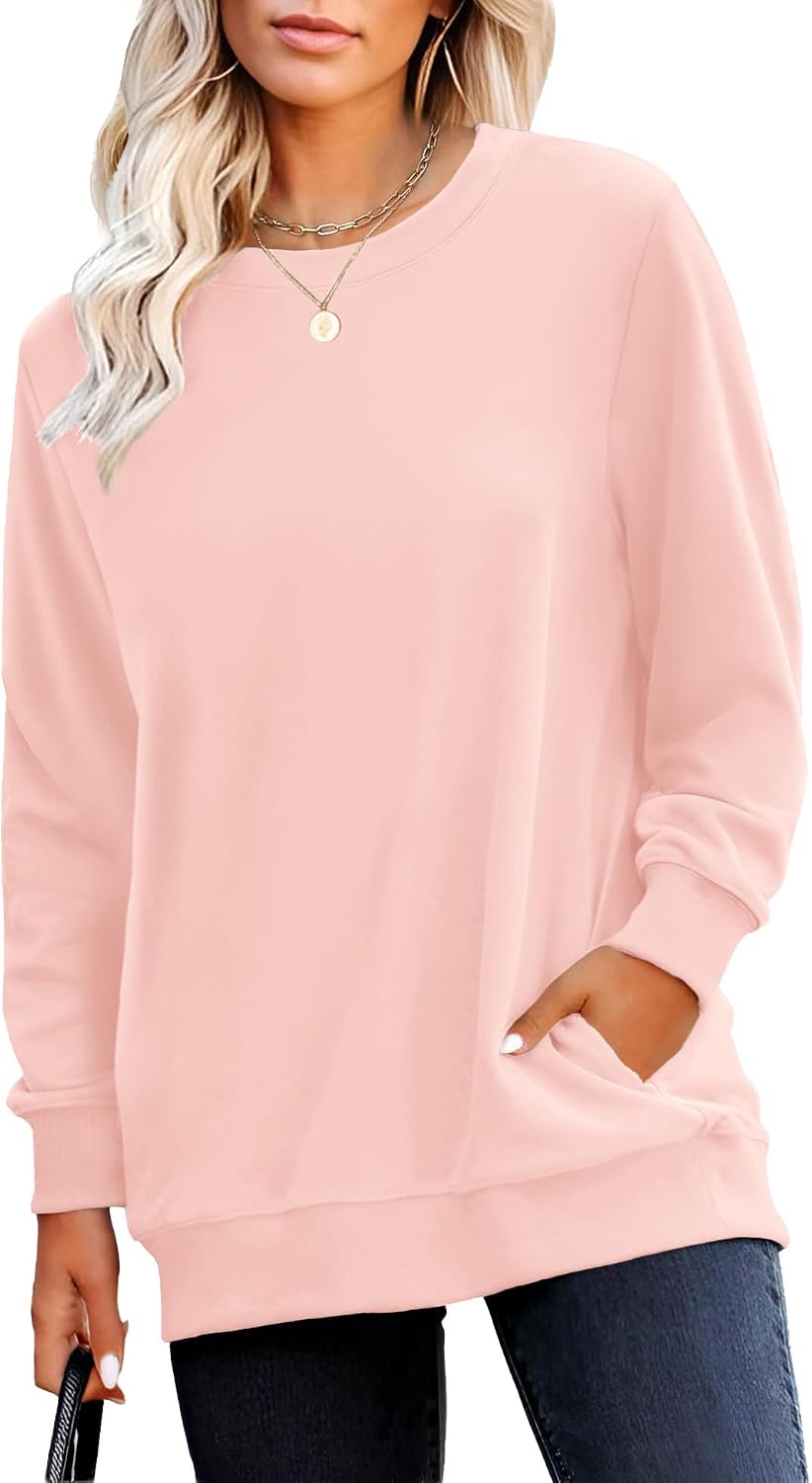 Crewneck Fall Sweatshirt for Women Plain Long Sleeve Top with Pocket | Ladies Crew Neck Casual Sweaters Outfits