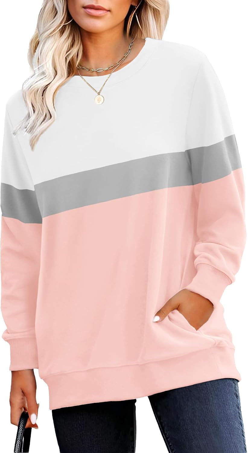Crewneck Fall Sweatshirt for Women Plain Long Sleeve Top with Pocket | Ladies Crew Neck Casual Sweaters Outfits