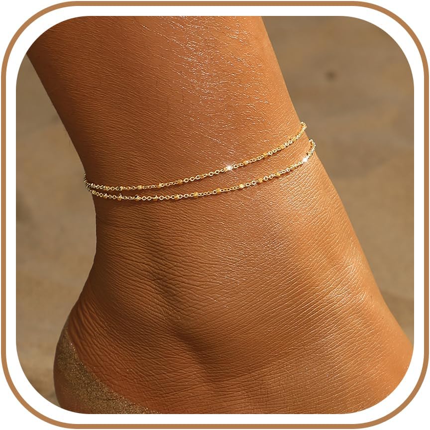 women.14k Gold Plated Waterproof Layered lightweight Dot Flat Oval Chain Ankle Bracelets Set Gold Anklets for women Trendy Summer Beach Jewelry Gift for Women