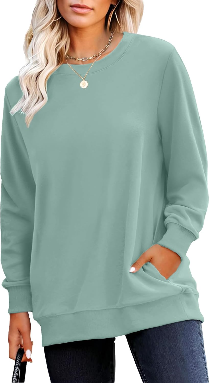 Crewneck Fall Sweatshirt for Women Plain Long Sleeve Top with Pocket | Ladies Crew Neck Casual Sweaters Outfits