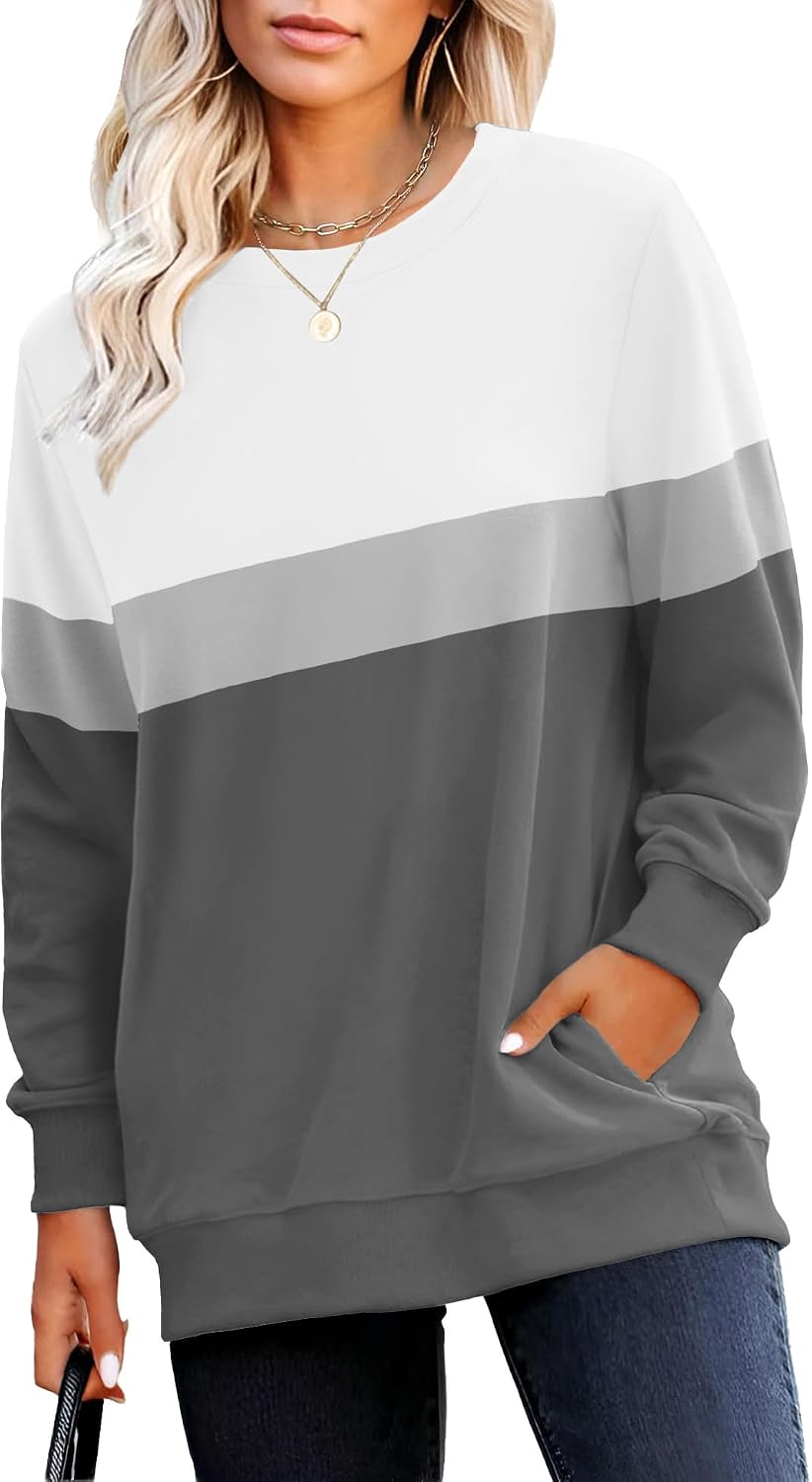 Crewneck Fall Sweatshirt for Women Plain Long Sleeve Top with Pocket | Ladies Crew Neck Casual Sweaters Outfits