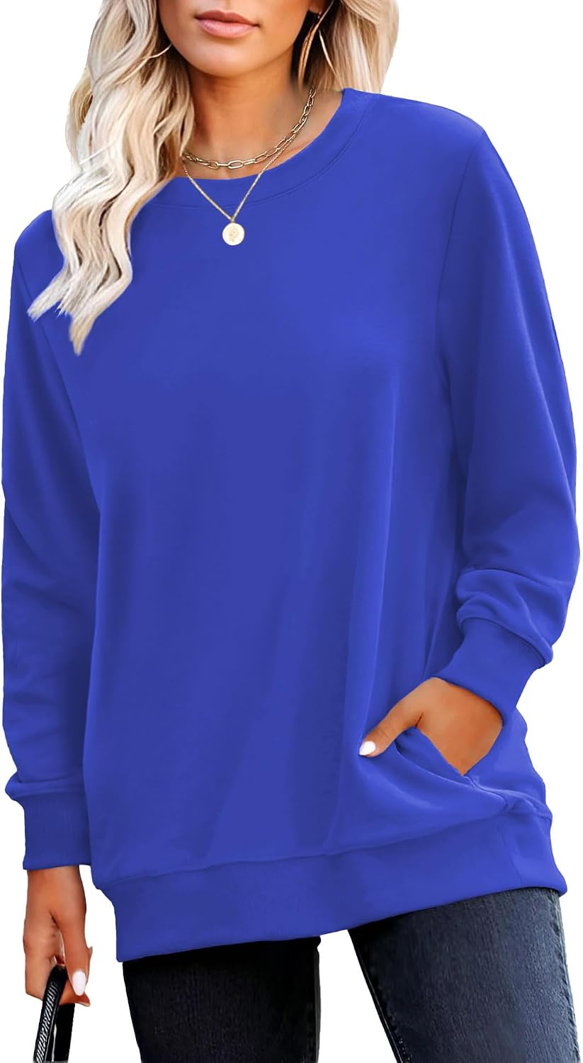 Crewneck Fall Sweatshirt for Women Plain Long Sleeve Top with Pocket | Ladies Crew Neck Casual Sweaters Outfits