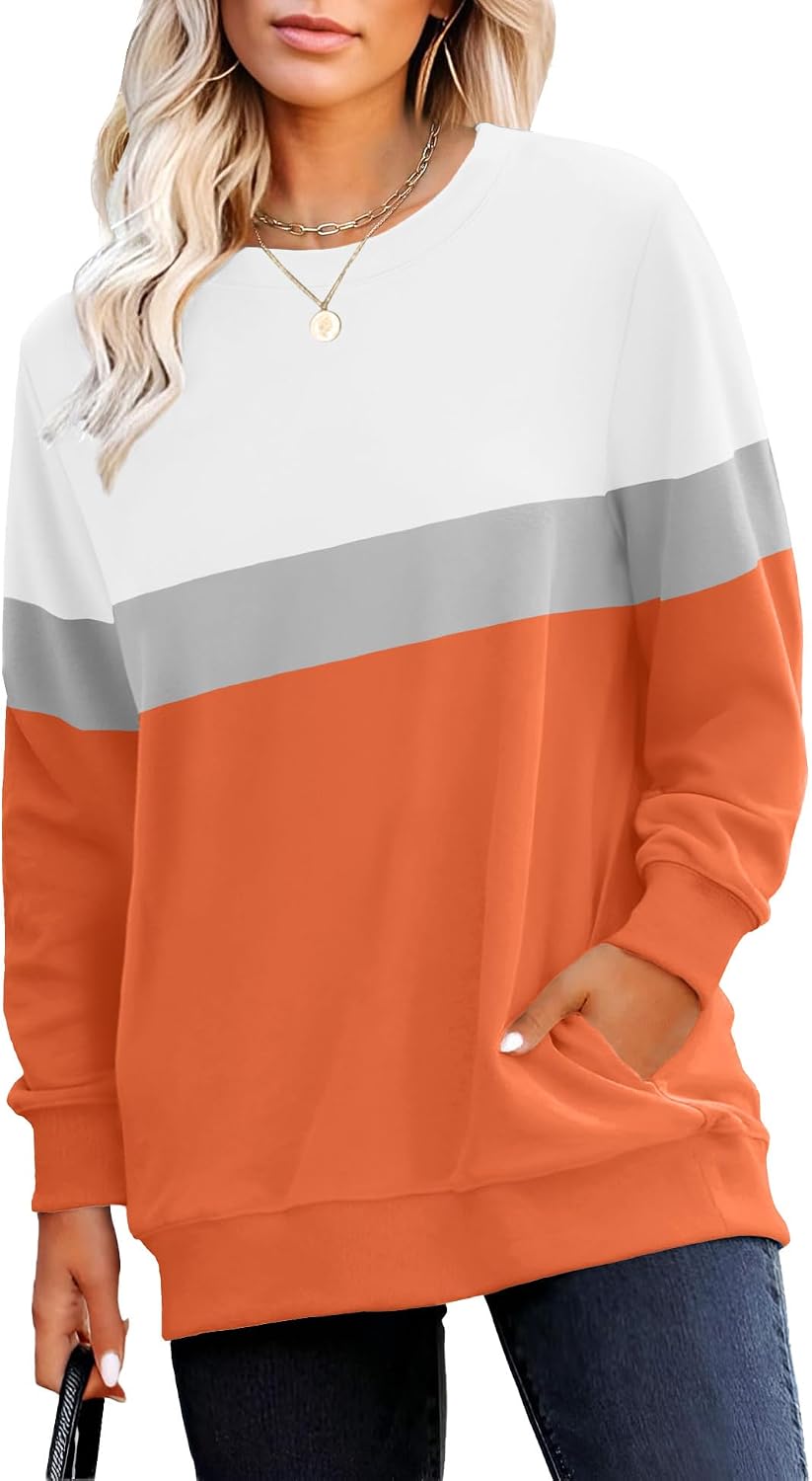 Crewneck Fall Sweatshirt for Women Plain Long Sleeve Top with Pocket | Ladies Crew Neck Casual Sweaters Outfits