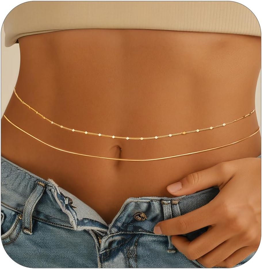 14K Gold Plated Waist Chain for Women.Silver Plated Belly Body Chain Belt for Womens.