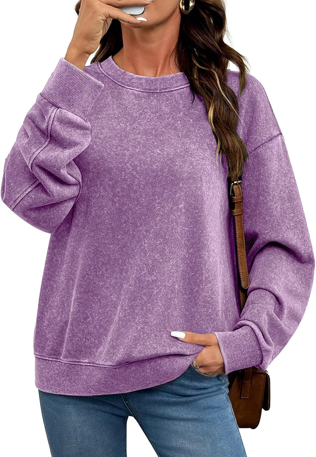 Women Fall Long Sleeve Tee Shirts. Pink | Acid Wash. Round Neck. Vintage Sweatshirts. Ribbed. Trendy Womens Cute Tops Pullover. Fall Fashion Must Haves Clothes