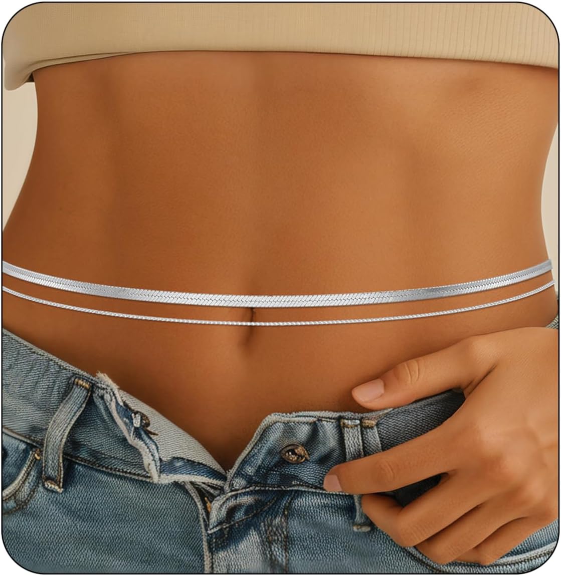 14K Gold Plated Waist Chain for Women.Silver Plated Belly Body Chain Belt for Womens.