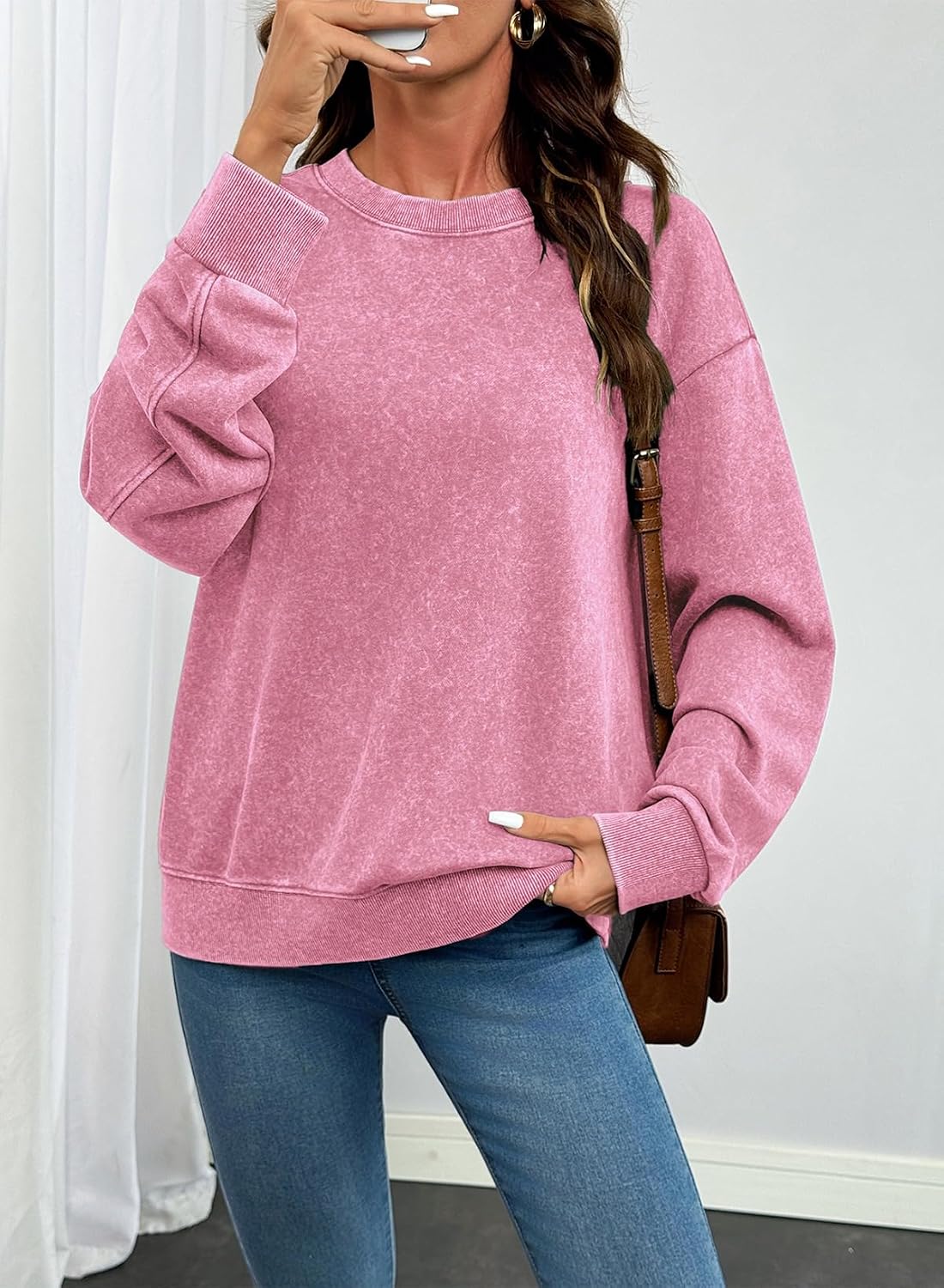 Women Fall Long Sleeve Tee Shirts. Pink | Acid Wash. Round Neck. Vintage Sweatshirts. Ribbed. Trendy Womens Cute Tops Pullover. Fall Fashion Must Haves Clothes