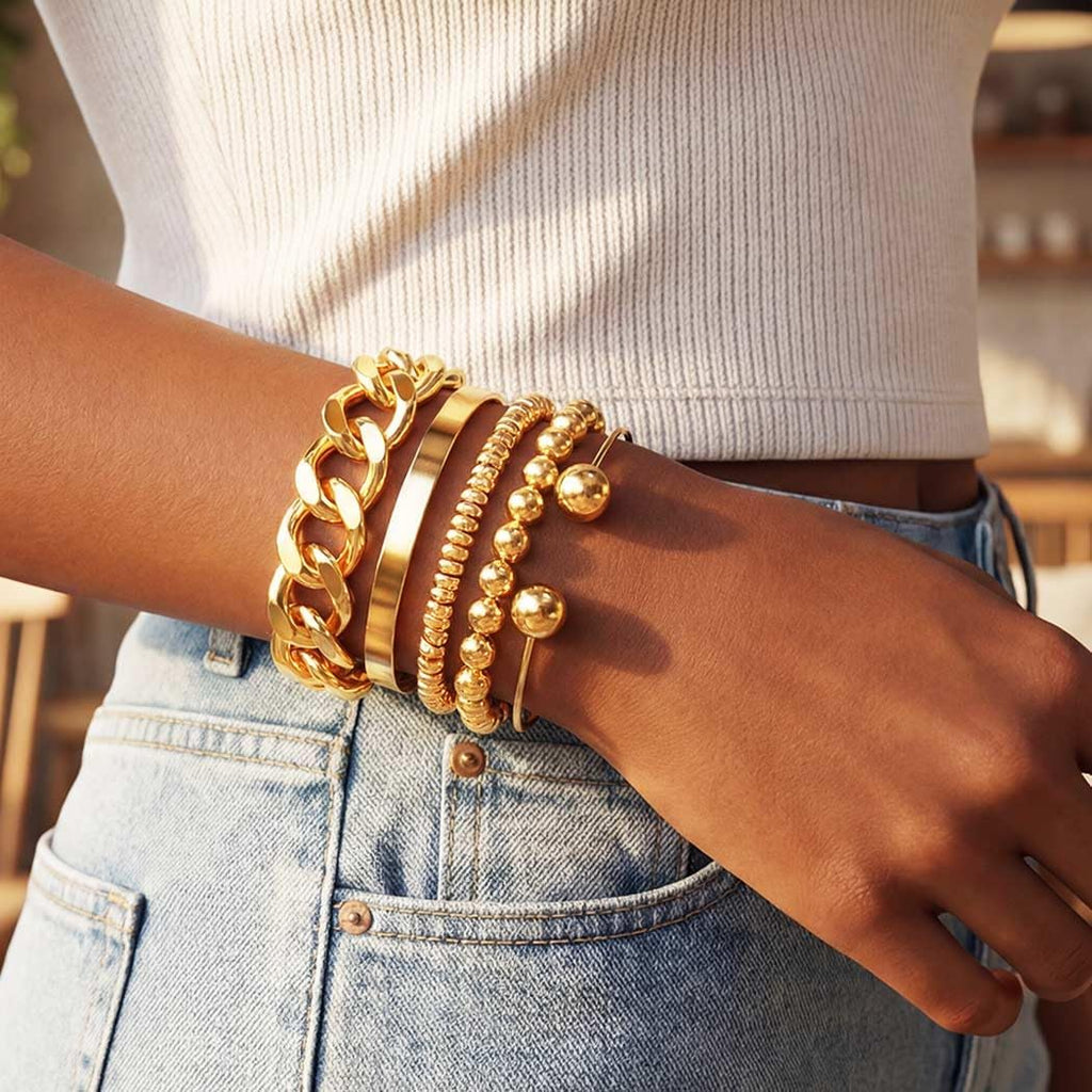 Gold Bracelets Stack Chunky Bangle Bracelet Set Punk Cuban Link Bracelets for Women