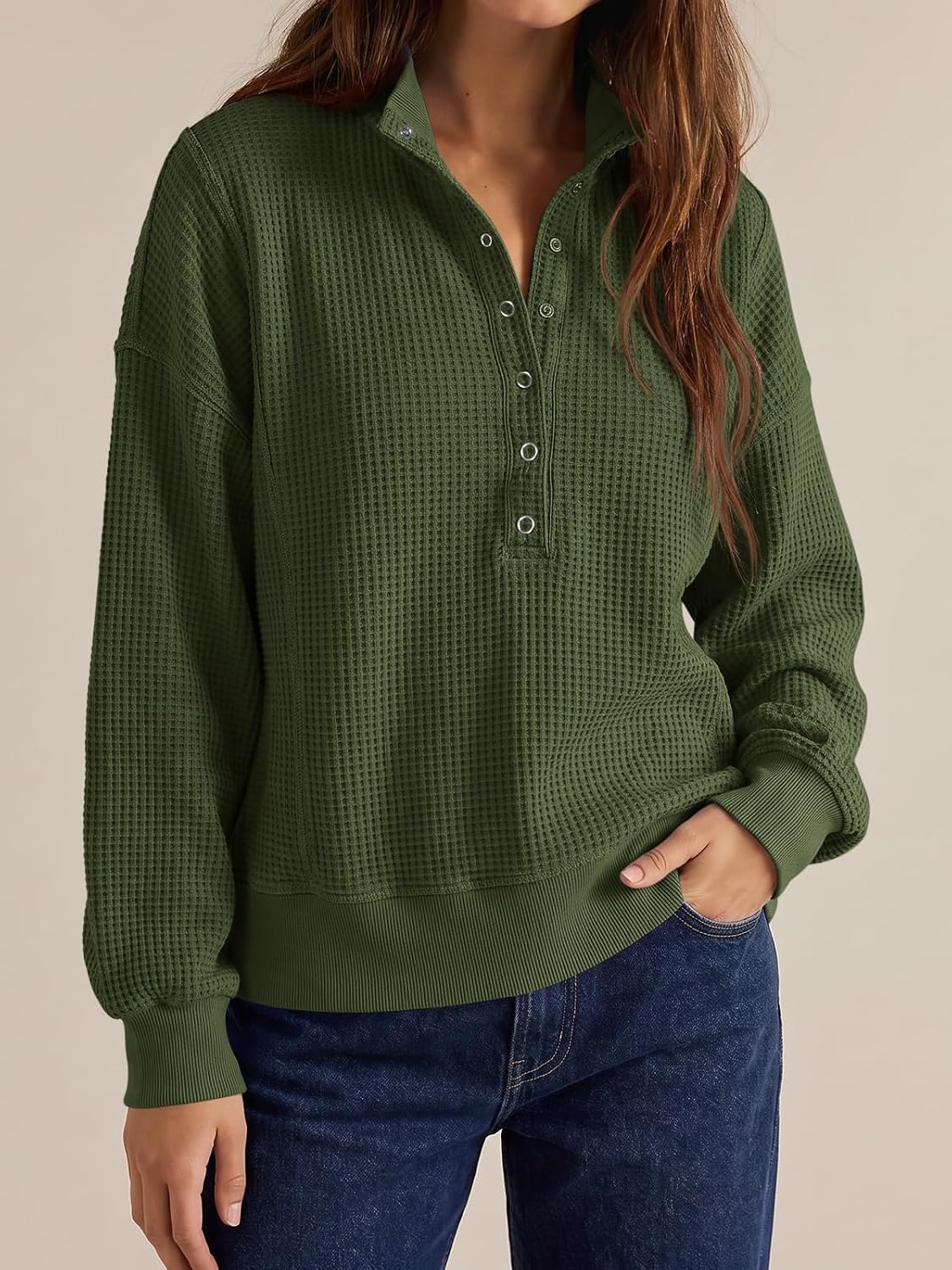 Womens Sweatshirt Waffle Knit Oversized Button Henley Pullover Tops
