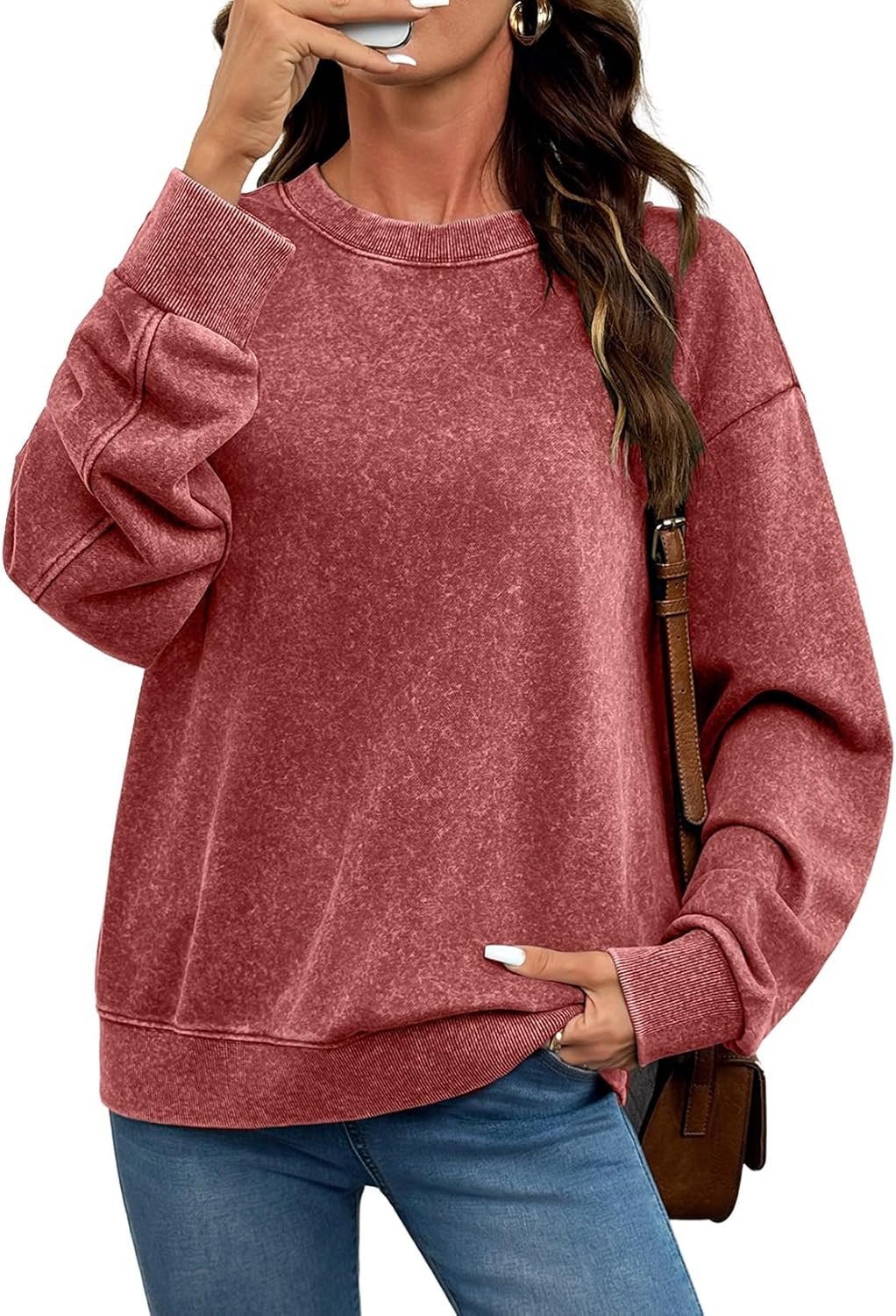 Women Fall Long Sleeve Tee Shirts. Pink | Acid Wash. Round Neck. Vintage Sweatshirts. Ribbed. Trendy Womens Cute Tops Pullover. Fall Fashion Must Haves Clothes