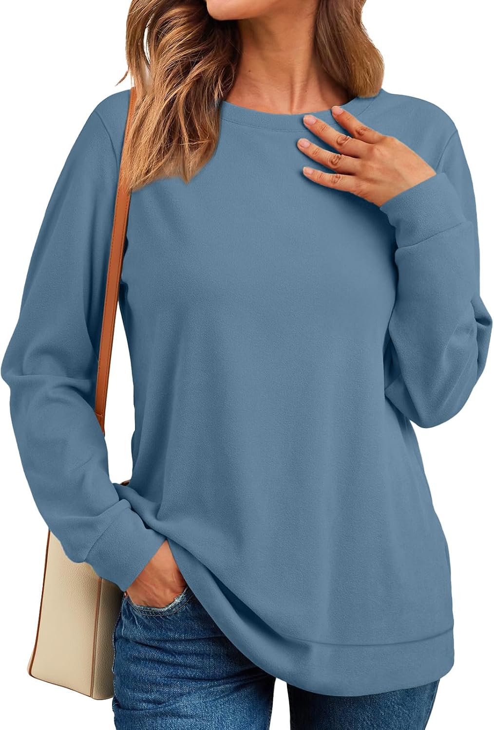 Crewneck Fall Sweatshirt for Women Plain Long Sleeve Top with Pocket | Ladies Crew Neck Casual Sweaters Outfits