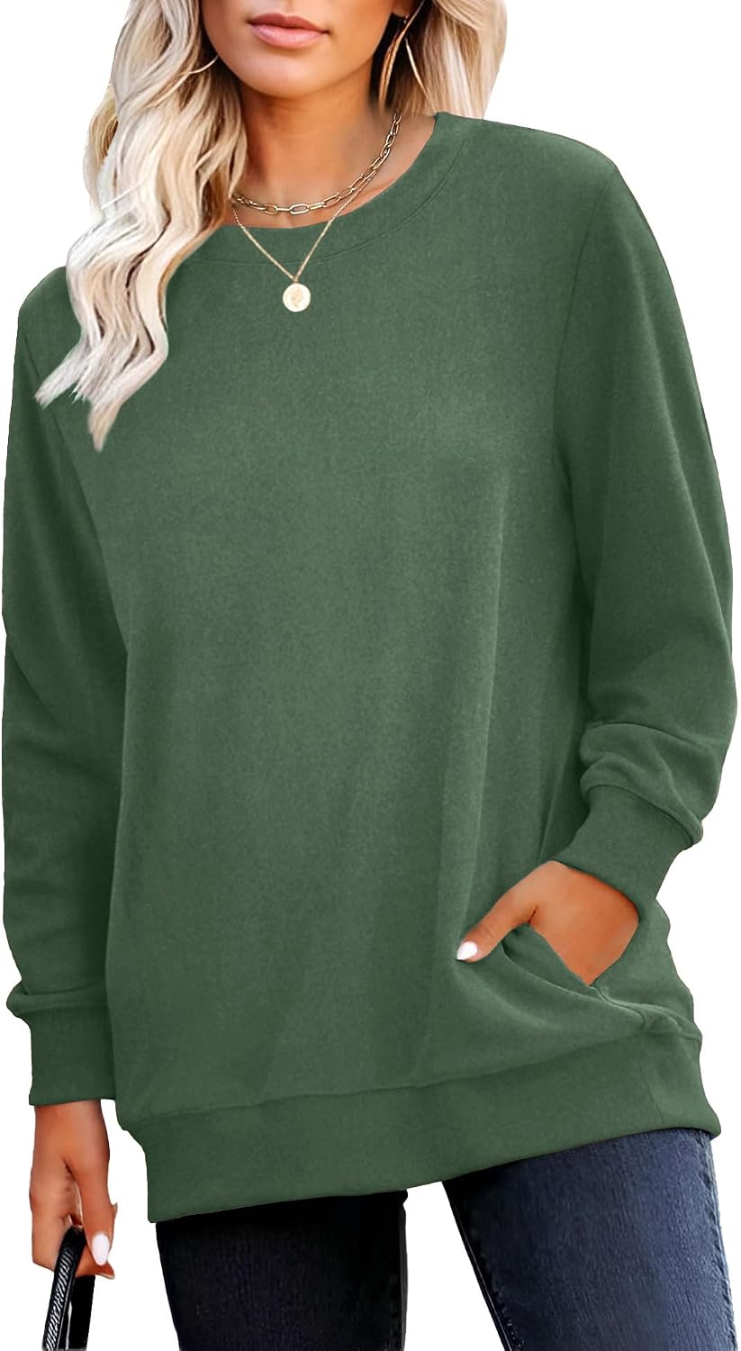 Crewneck Fall Sweatshirt for Women Plain Long Sleeve Top with Pocket | Ladies Crew Neck Casual Sweaters Outfits