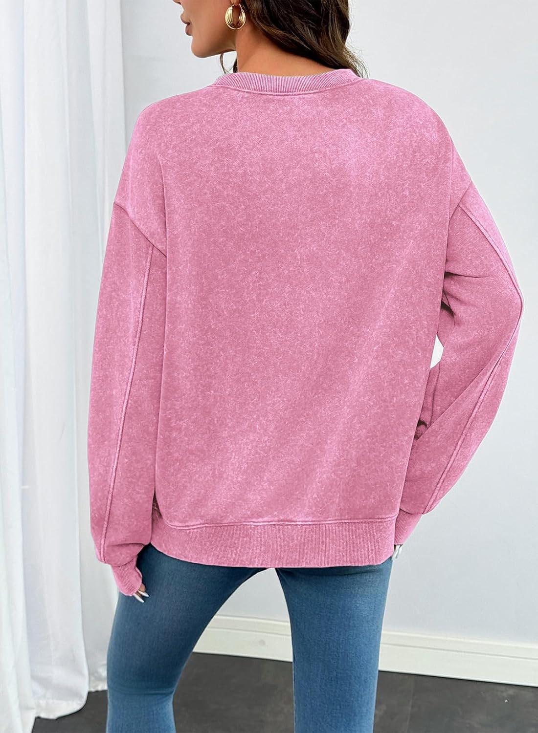 Women Fall Long Sleeve Tee Shirts. Pink | Acid Wash. Round Neck. Vintage Sweatshirts. Ribbed. Trendy Womens Cute Tops Pullover. Fall Fashion Must Haves Clothes