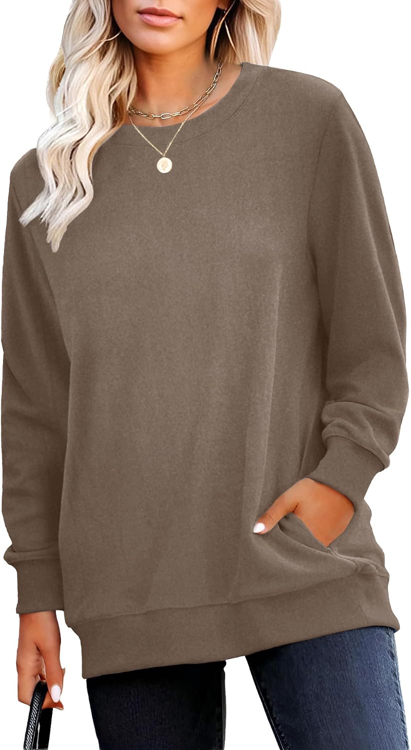 Crewneck Fall Sweatshirt for Women Plain Long Sleeve Top with Pocket | Ladies Crew Neck Casual Sweaters Outfits