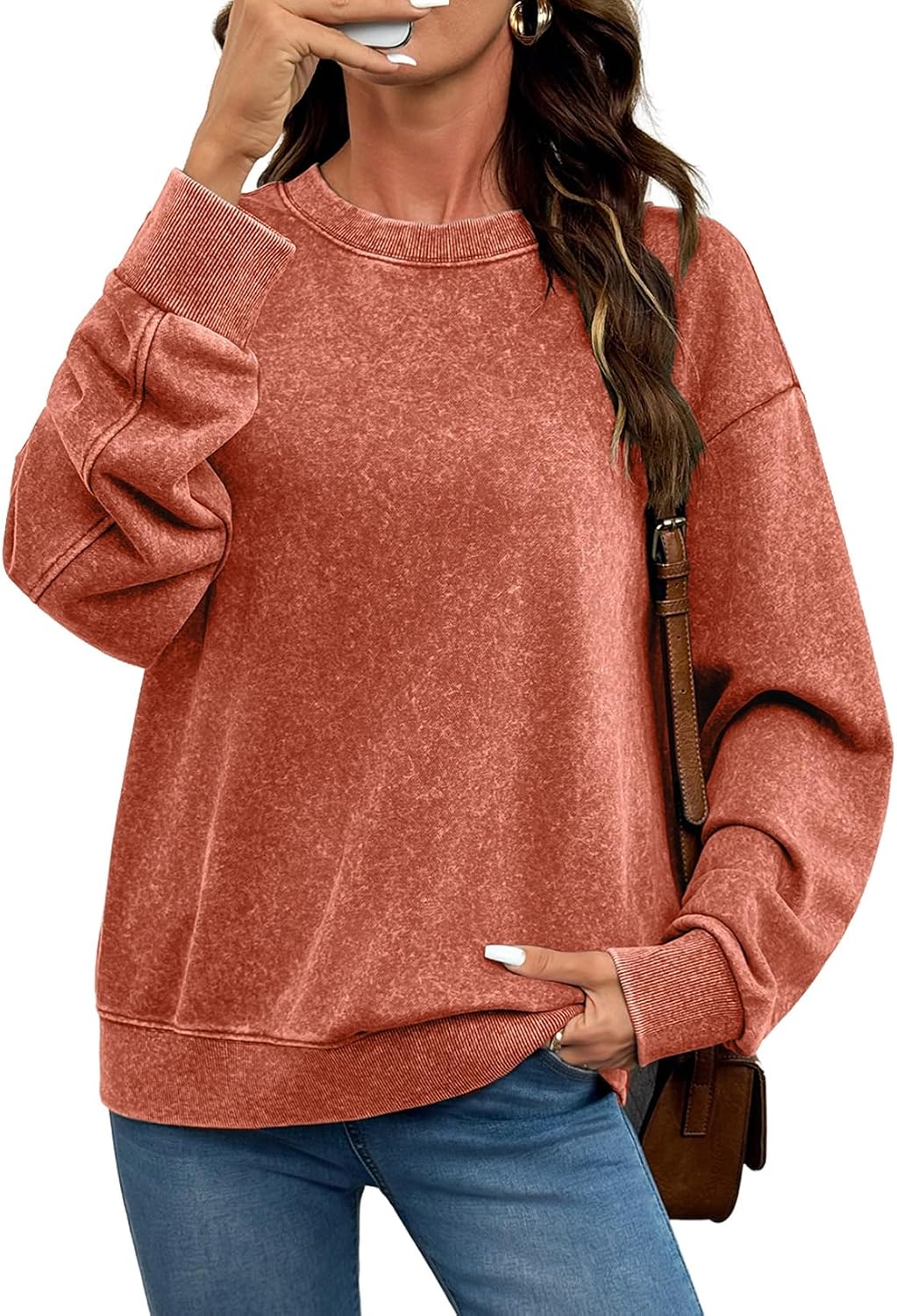 Women Fall Long Sleeve Tee Shirts. Pink | Acid Wash. Round Neck. Vintage Sweatshirts. Ribbed. Trendy Womens Cute Tops Pullover. Fall Fashion Must Haves Clothes