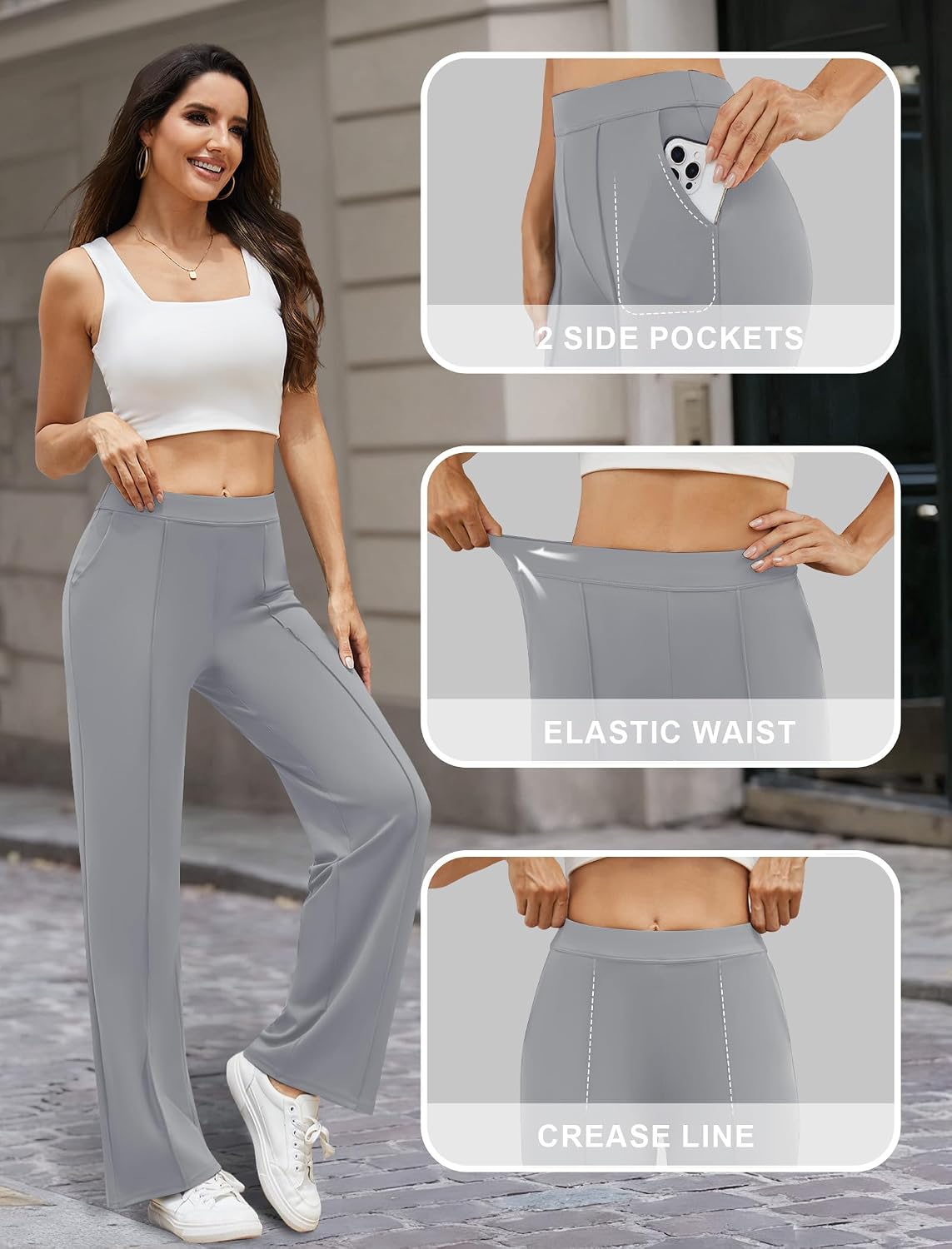 Soft Comfortable Slacks. High Waist. Pull On Trousers. 2 Pockets. Crease Line.