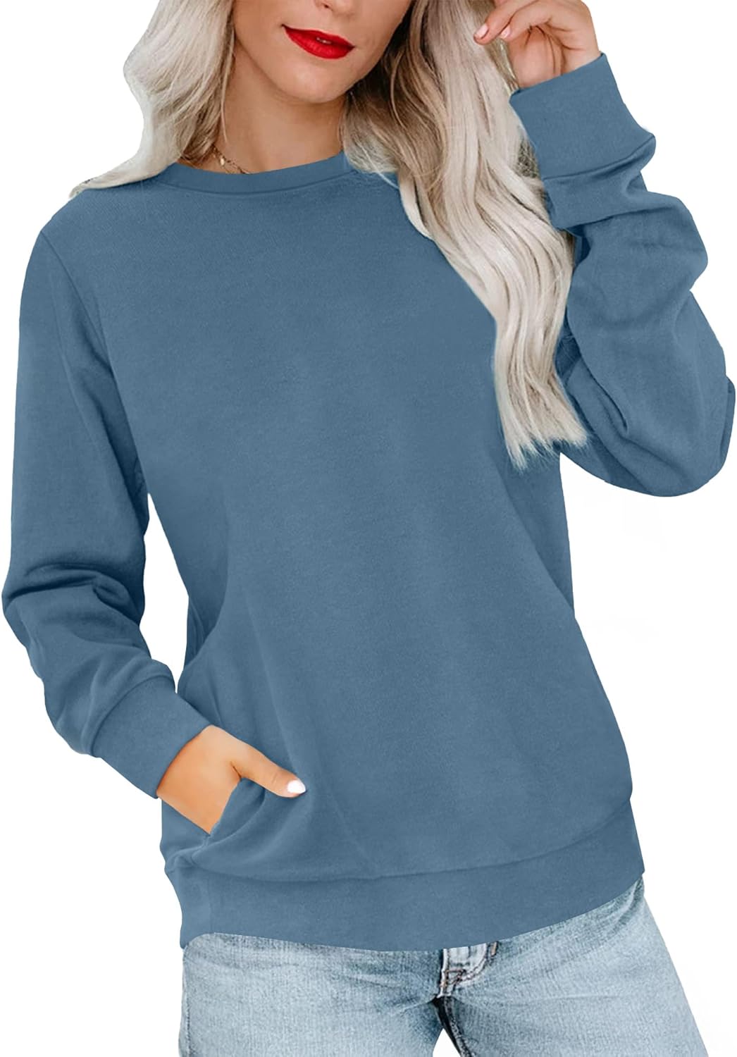 Crewneck Fall Sweatshirt for Women Plain Long Sleeve Top with Pocket | Ladies Crew Neck Casual Sweaters Outfits