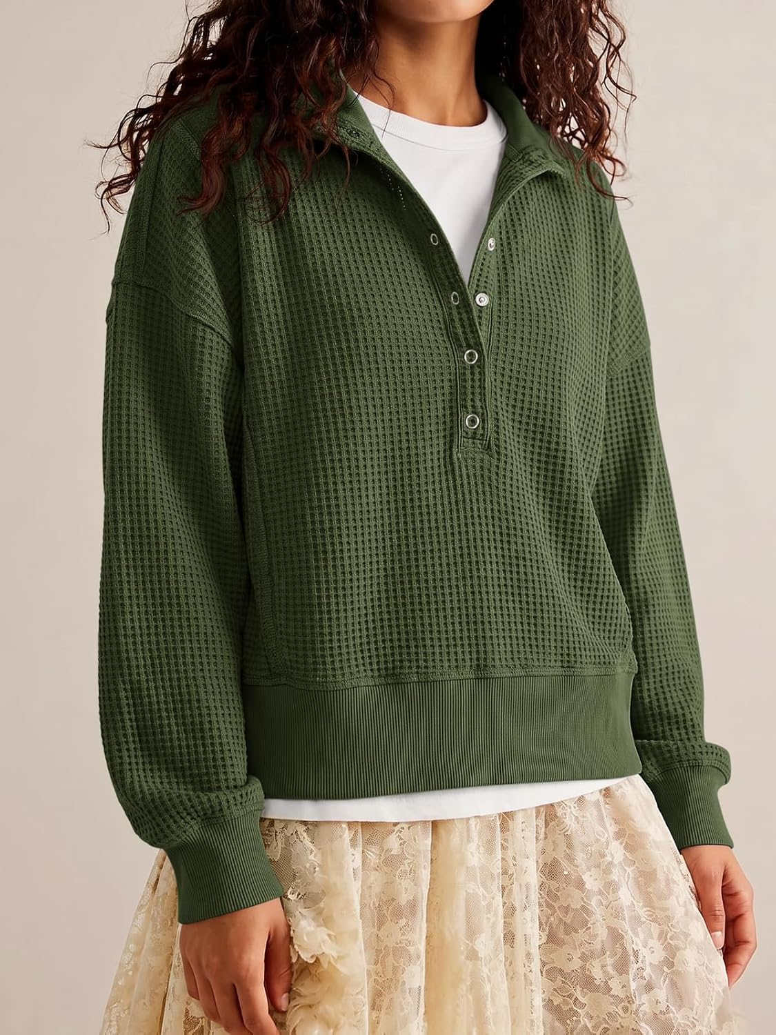 Womens Sweatshirt Waffle Knit Oversized Button Henley Pullover Tops