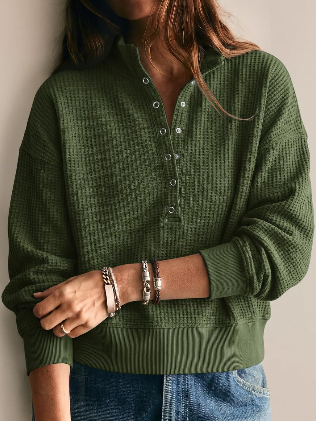 Womens Sweatshirt Waffle Knit Oversized Button Henley Pullover Tops