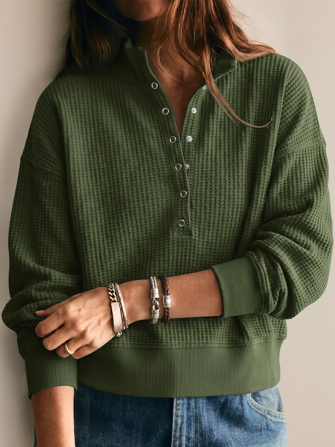 Womens Sweatshirt Waffle Knit Oversized Button Henley Pullover Tops