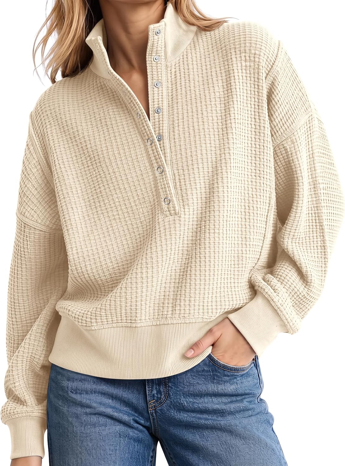 Womens Sweatshirt Waffle Knit Oversized Button Henley Pullover Tops