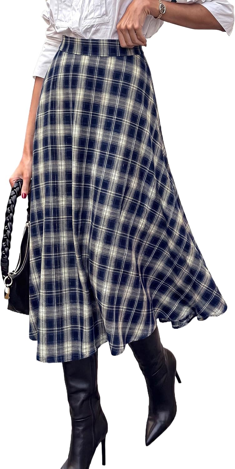 Women's Plaid High Waisted A-Line Midi Skirts | Elastic Waistband. Long Flowy Skirt. Classic Tartan Print. Vintage Style. Casual & Formal Wear.
